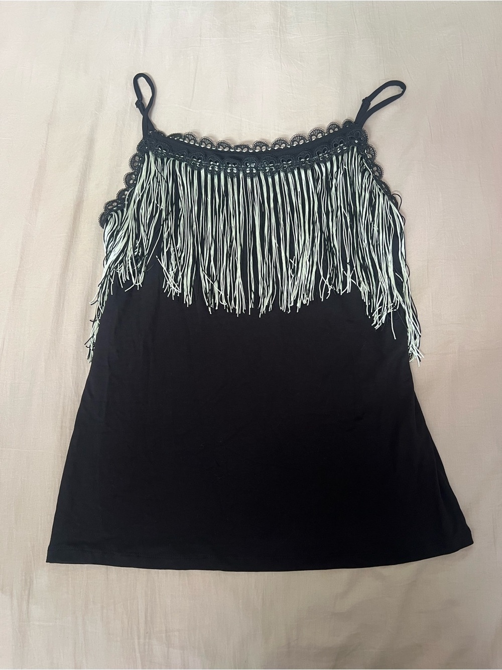 Anna Sui Black Cami with White Fringe Trim